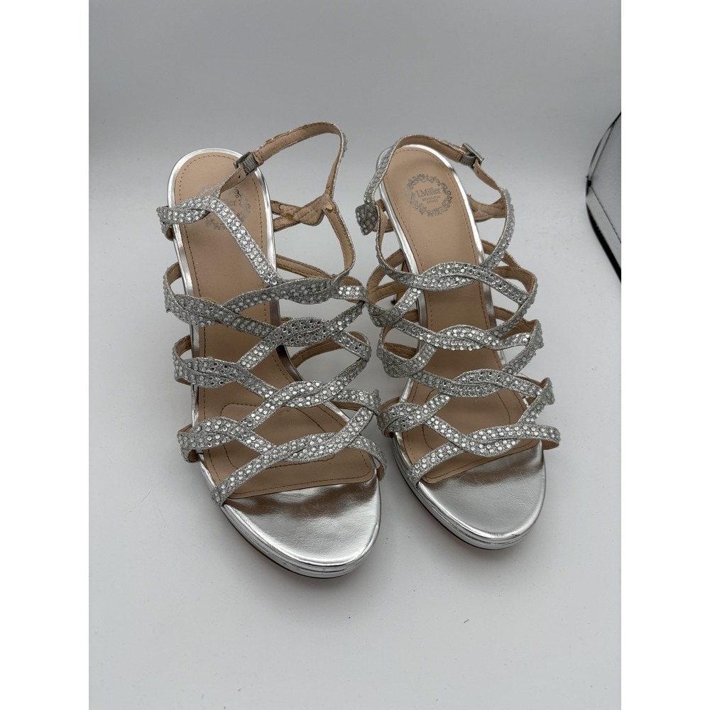 J. Miller Shoes Womens Size 10 Silver Strappy Rhinestone Stiletto Heel Sandals